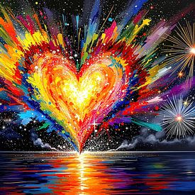 Silvester-Feuerwerk mit Herz – Ein leuchtendes Symbol von Hoffnung, Neubeginn und kosmischer Abstraktion zwischen nächtlichem Himmel, strahlendem Licht und stiller Spiegelung von AidasignArt