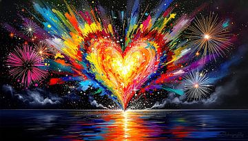 New Year's Eve fireworks with a heart - a shining symbol of hope, new beginnings and cosmic abstraction between the night sky, radiant light and silent reflection by AidasignArt
