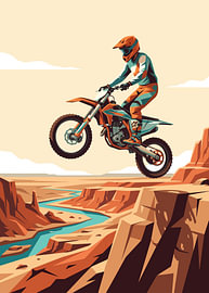 Motocross rider jumping over dramatic red rock canyon with winding river