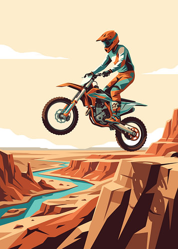 Motocross rider jumping over dramatic red rock canyon with winding river
