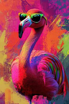 Cool Flamingo in sunglasses - Neon art with tropical retro vibes