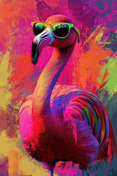 Cooler Flamingo mit Sonnenbrille - Neonkunst mit tropischen Retro-Vibes von Mel Digital Art