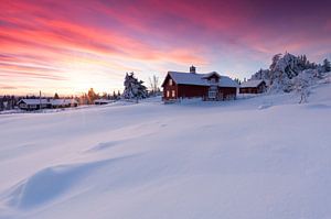 Hameau norvégien au coucher du soleil