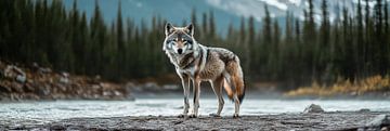 Wolf aan de oevers van een serene rivier, een symbool van vrijheid van Digitale Schilderijen