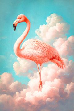 Antiek Portret van een Flamingo op Roze Wolken van Roger VDB