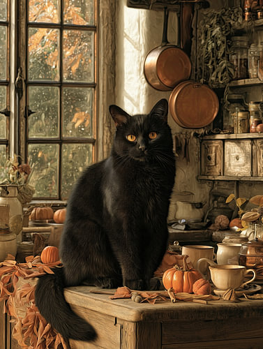 Zwarte kat in de vintage herfstkeuken