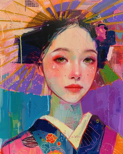 Geisha portret met kleurrijke parasol van Digatelier