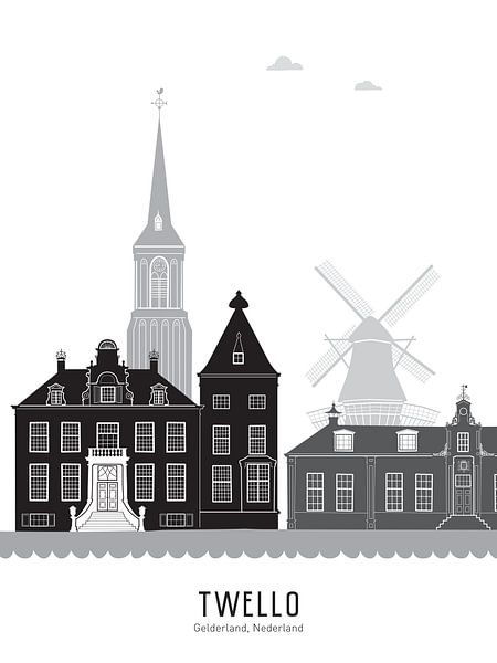 Skyline-Illustration Twello in schwarz-weiß-grau von Mevrouw Emmer