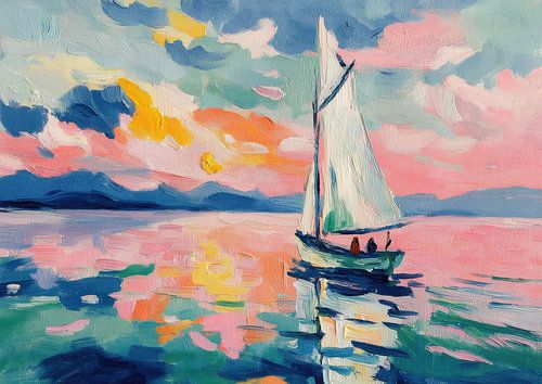 Zeilboot in roze avondlicht