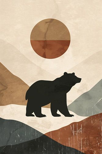 Beer in abstract landschap met geometrische zon