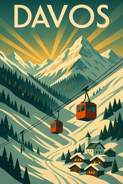 Davoser Seilbahn Winter Alpen Wandbild von Travel Shop