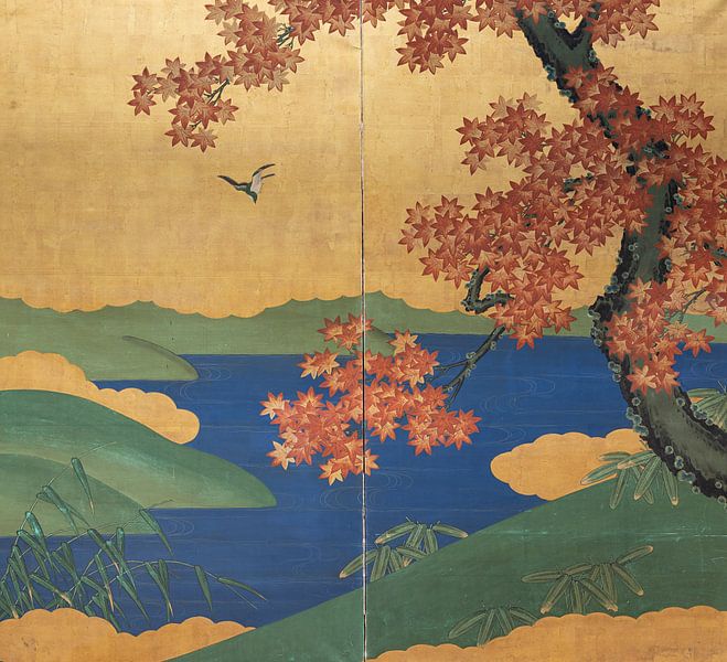 A two-panel folding screen with autumn landscape by Masterful Masters