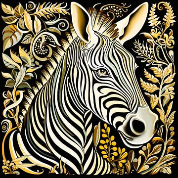 Zebra portrait with plant pattern by Vlindertuin Art