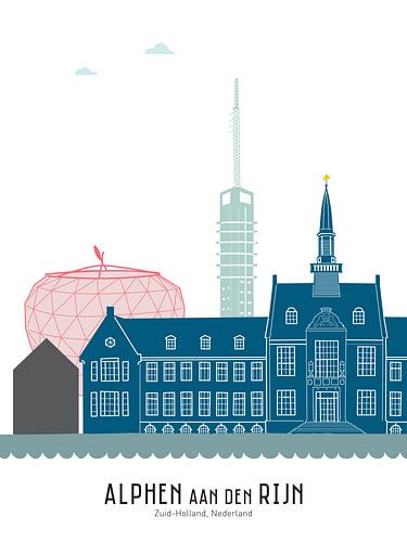 Skyline illustratie Alphen aan den Rijn in kleur
