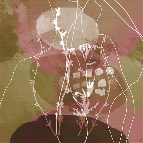 Abstracte botanische kunst in retro vibes en pastelkleuren. bloemen op roze, groen