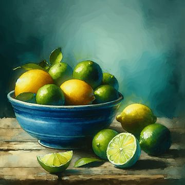 Zitronen & Limetten in blauer Schale - Stilleben