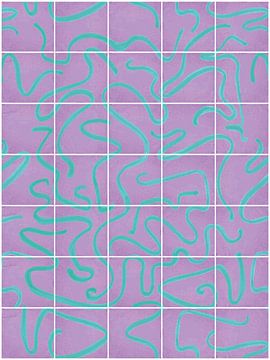 Modern en abstracte lijnen op een tegelpatroon, lila - aqua van Mijke Konijn