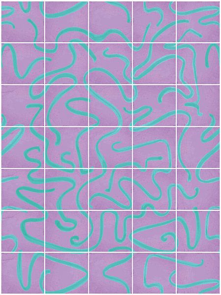 Lignes modernes et abstraites sur un motif de carreaux, lilas - aqua par Mijke Konijn