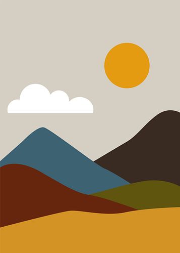 Minimalistische abstrakte Landschaftsbilder mit geometrischen Bergen, Sonne und Wasser in Erdtönen.