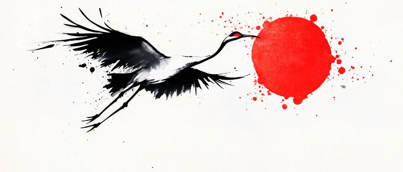 Crane in flight in front of a red sun by Poster Art Shop
