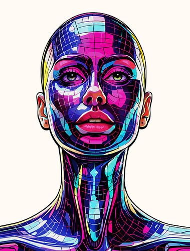 Hypnotiserend portret met tegels – Neonpsychedelisch vrouwengezicht