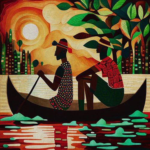 Two men on their way in a boat