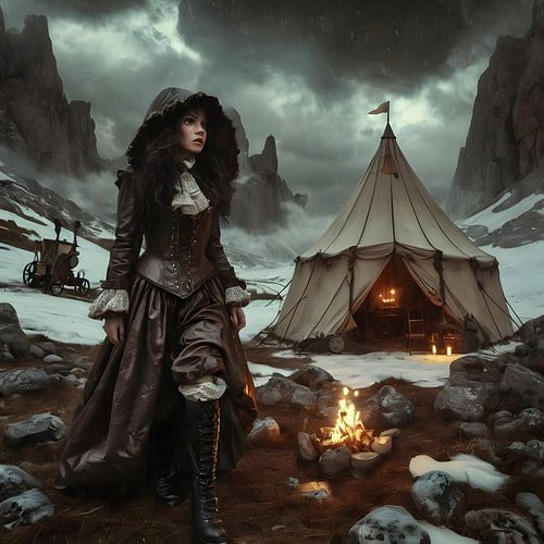 Gypsy woman camped in front of a mountain crossing