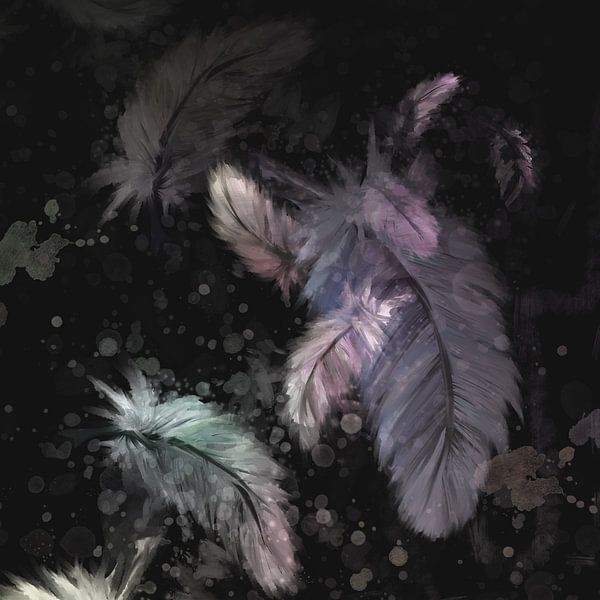chic artwork - dark background - colored feathers by Emiel de Lange