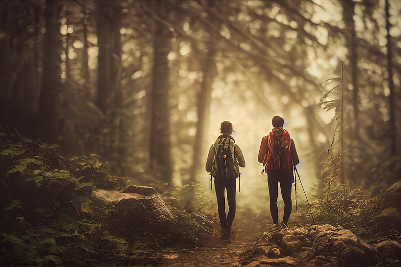 Jeune couple se promenant dans une forêt automnale avec du brouillard Illustration par Animaflora PicsStock
