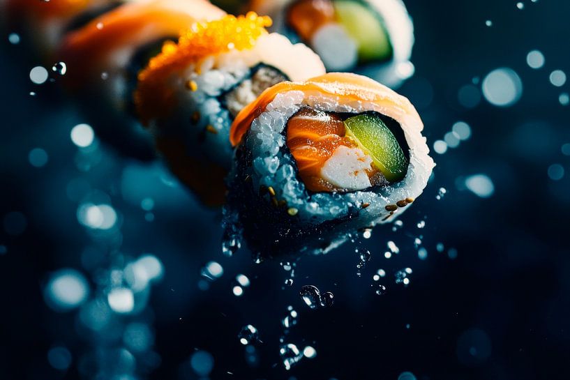 Spetterend sushi-genot in close-up van Poster Art Shop