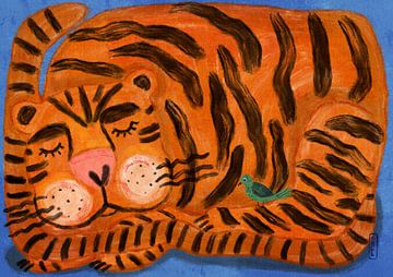 Schlafender Tiger und ein Vogel Tierfreunde von Dirkie Nell