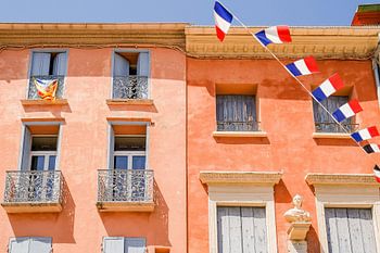 French façade with flags