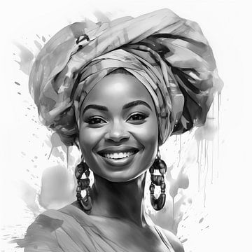 Portrait of an African woman with smiling watercolour art design and headscarf on white background black and white photography by Animaflora PicsStock