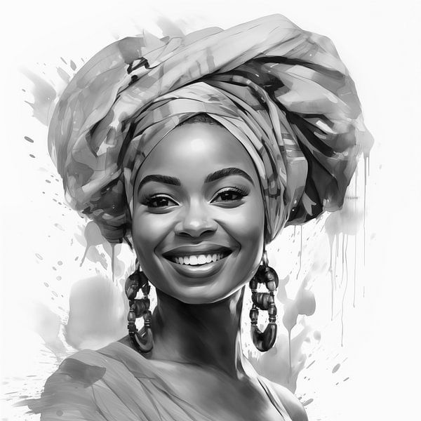 Porträt einer afrikanischen Frau mit lächelndem Aquarell-Kunstdesign und Kopftuch auf weißem Hintergrund Schwarzweißfotografie von Animaflora PicsStock