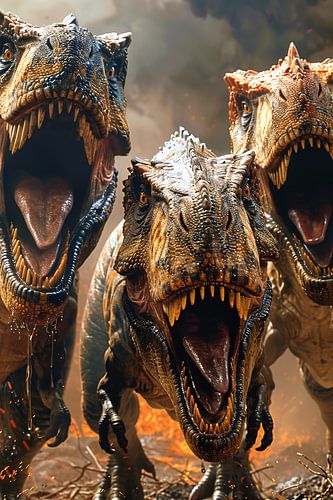 Drie Brullende T-Rexen in Vuurzee