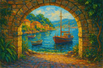 Sailing boats in Mediterranean cove by Imperial Art House