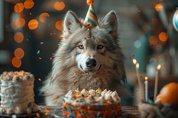 Grappige wolf in een verjaardagshoed met confettidecoratie van Felix Brönnimann