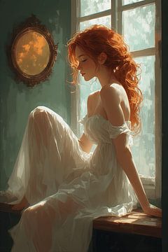 Zacht filmisch portret van een roodharige vrouw bij het raam – Dromerige, schilderachtige realistische illustratie van Kimita Jennaira