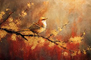 Gemälde in Goldfarben eines kleinen Vogels auf einem Ast.
