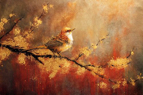 Peinture en couleurs dorées d'un petit oiseau sur une branche d'arbre.