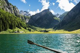 Rowing on the Seealpsee with a view of the Alpstein mountains by Besa Art