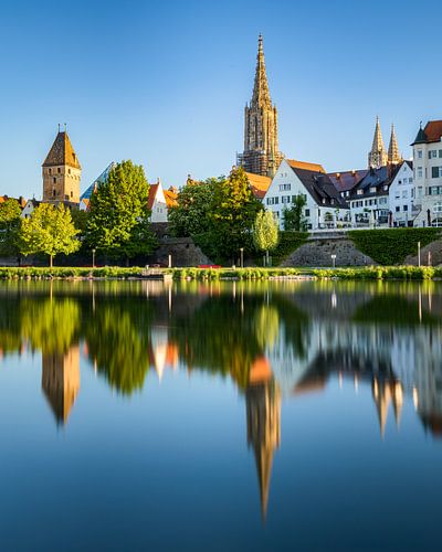 Panorama of the city of Ulm in spring, with river Danube and Ulm Cathedral