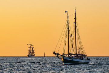 Zeilschepen bij zonsondergang op de Hanse Sail in Rostock. van Rico Ködder