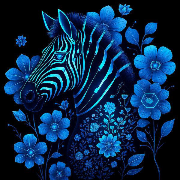 Zebra with Blue Flowers by Kleurenrijk