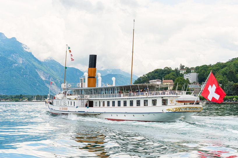 Steam boat La Suisse sailing on Leman lake (Switzerland). by Carlos Charlez