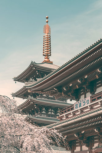 Picturesque Pagoda and Hozomon Gate of the Senso-ji temple in Tokyo - urban vintage style