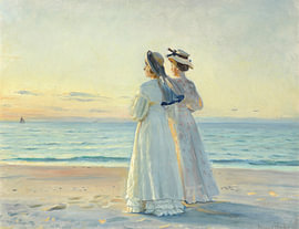 Michael Ancher - Marie Dinesen en Anna Bitch op het strand van Skagen, 1908 van Atelier Liesjes