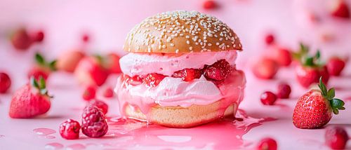 Ijssandwich met aardbeien in focus