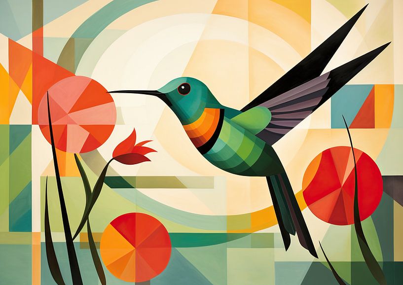 Bunter Kolibri-Flug | Geometrische Tierkunst von Blickfänger Gemälde