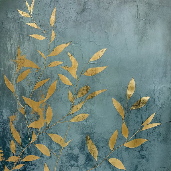 Goldener Zweig im japanischen Stil auf blauem Hintergrund von Lauri Creates